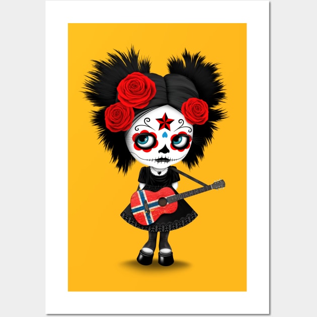 Sugar Skull Girl Playing Norwegian Flag Guitar Wall Art by jeffbartels